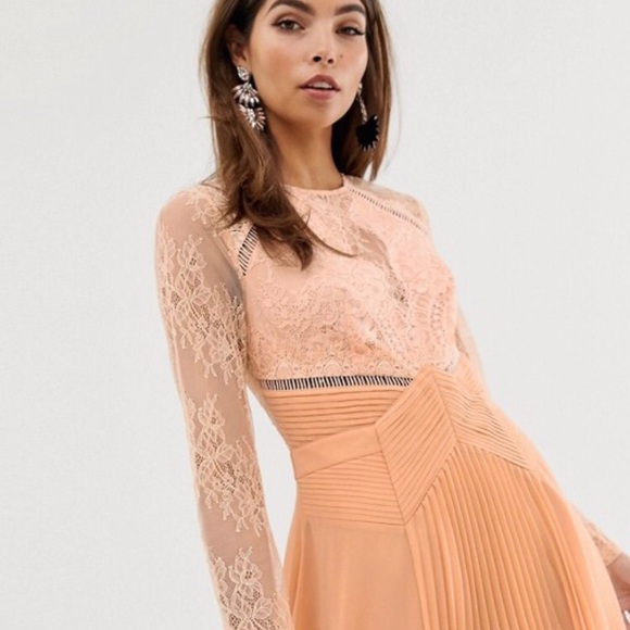 ASOS long sleeve lace panelled pleat midi dress - Picture 3 of 4